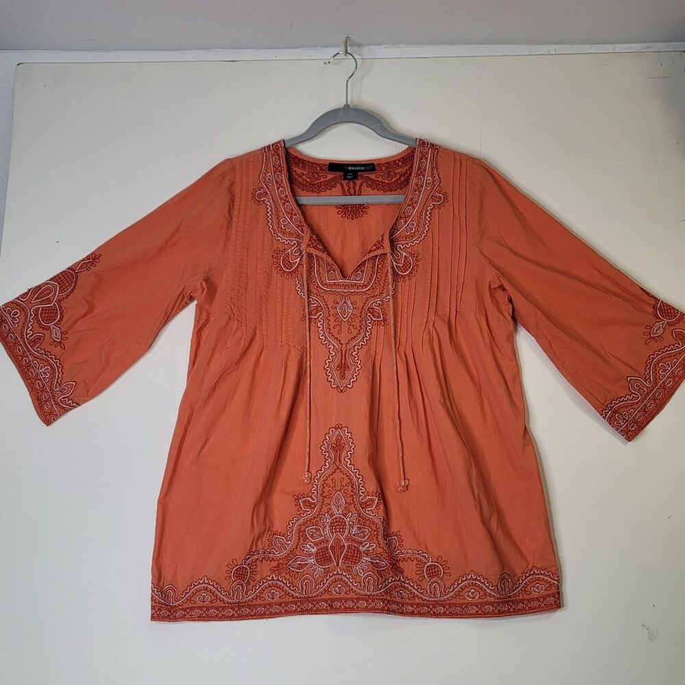 Denim 24/7 Embroidered Boho Tunic Top Size 12W Orange Cotton Bell Sleeve